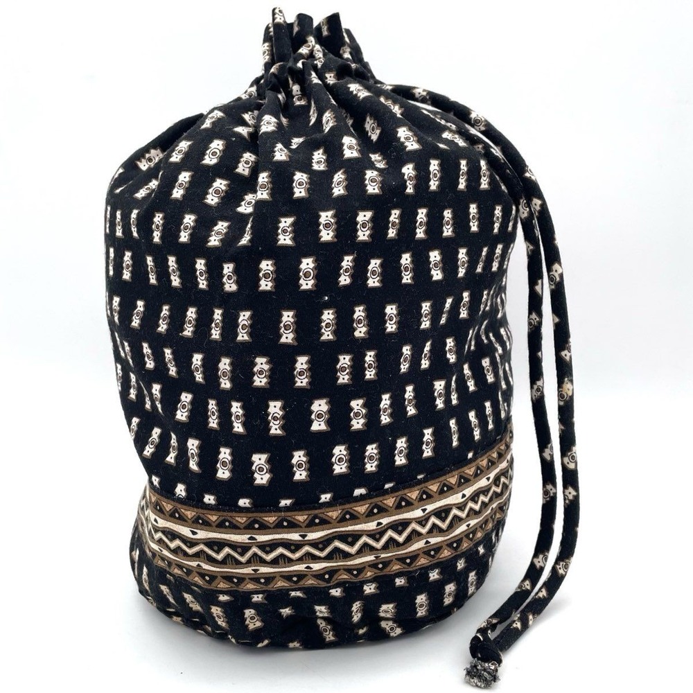 Vera Bradley 100% Cotton VTG Drawstring Travel Bag Black Tan Geometric Print